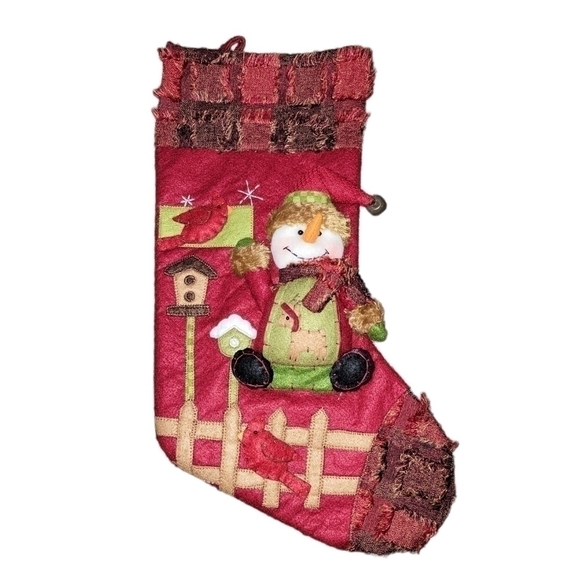 Christmas Stocking. With snowman, red bird, and bird houses - Picture 1 of 7
